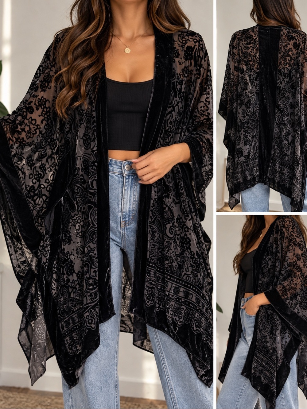 Urban Outfitters Black Velvet Burnout Paisley Sheer Kimono Duster